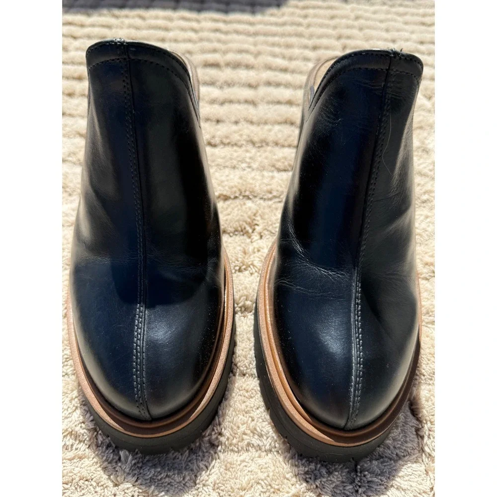 Free People Black Leather Platform Lug Sole Block Heel Mules Clogs Spain 8.5